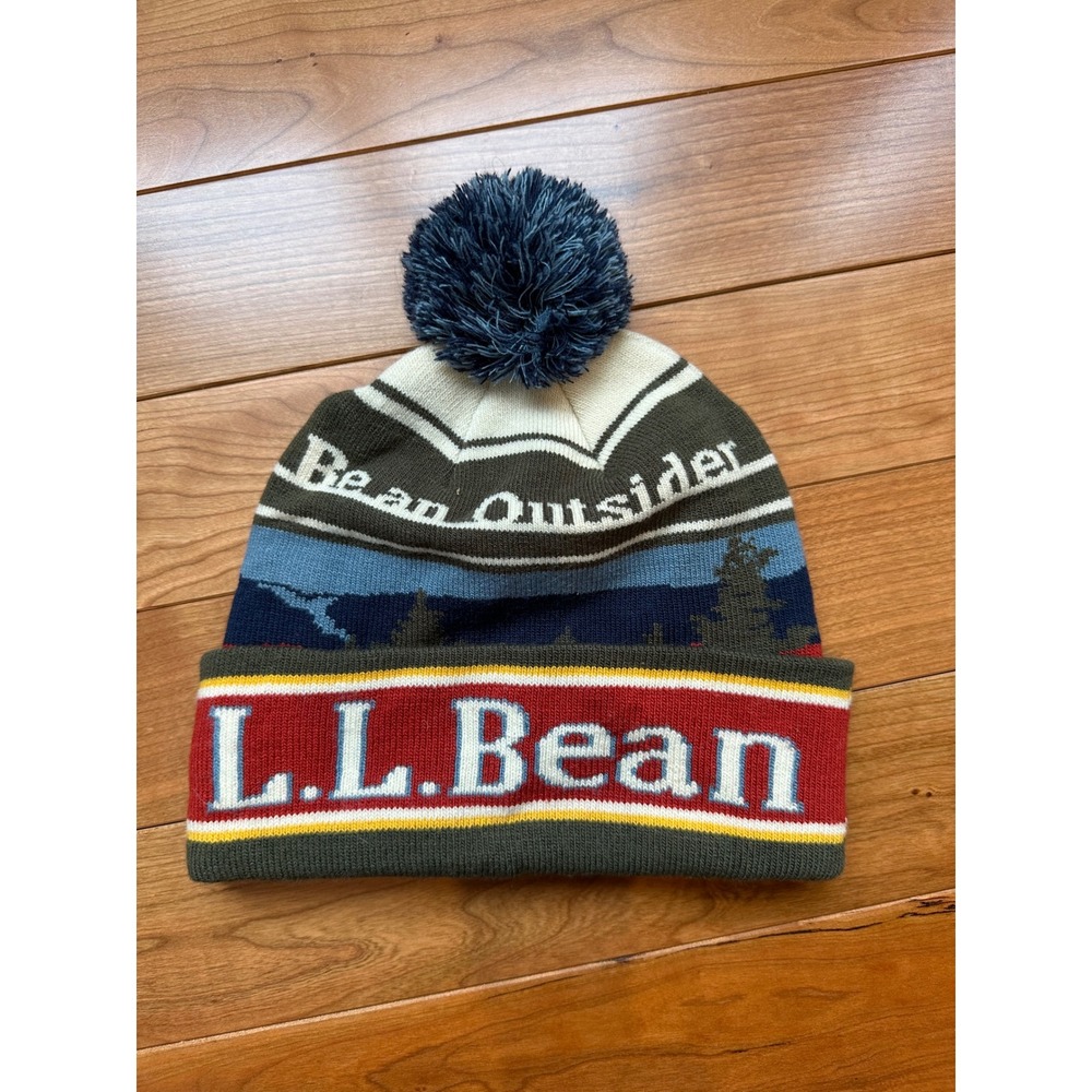 LL Bean Outsider Beanie Knit Hat Pom‎ Pom Mountain Landscape Green Blue Red - Picture 2 of 3
